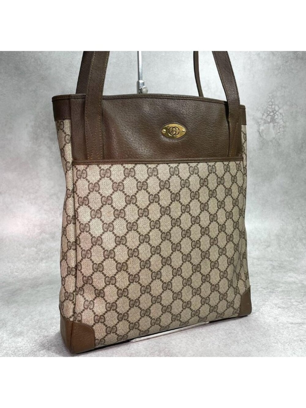 Gucci GG Tote Bag Brown Beige Leather Logo